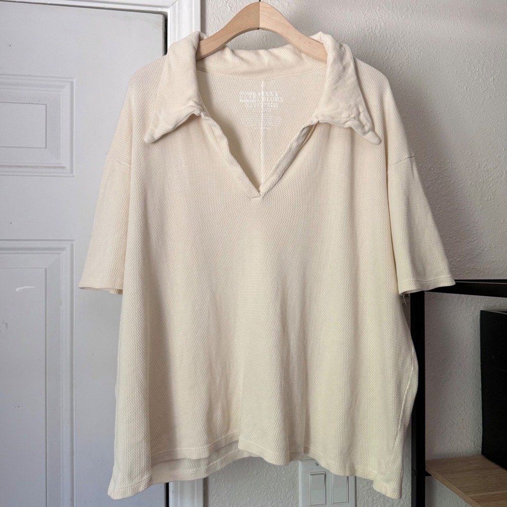 BIG BUD PRESS off white cotton knit polo boxy oversized cropped shirt top